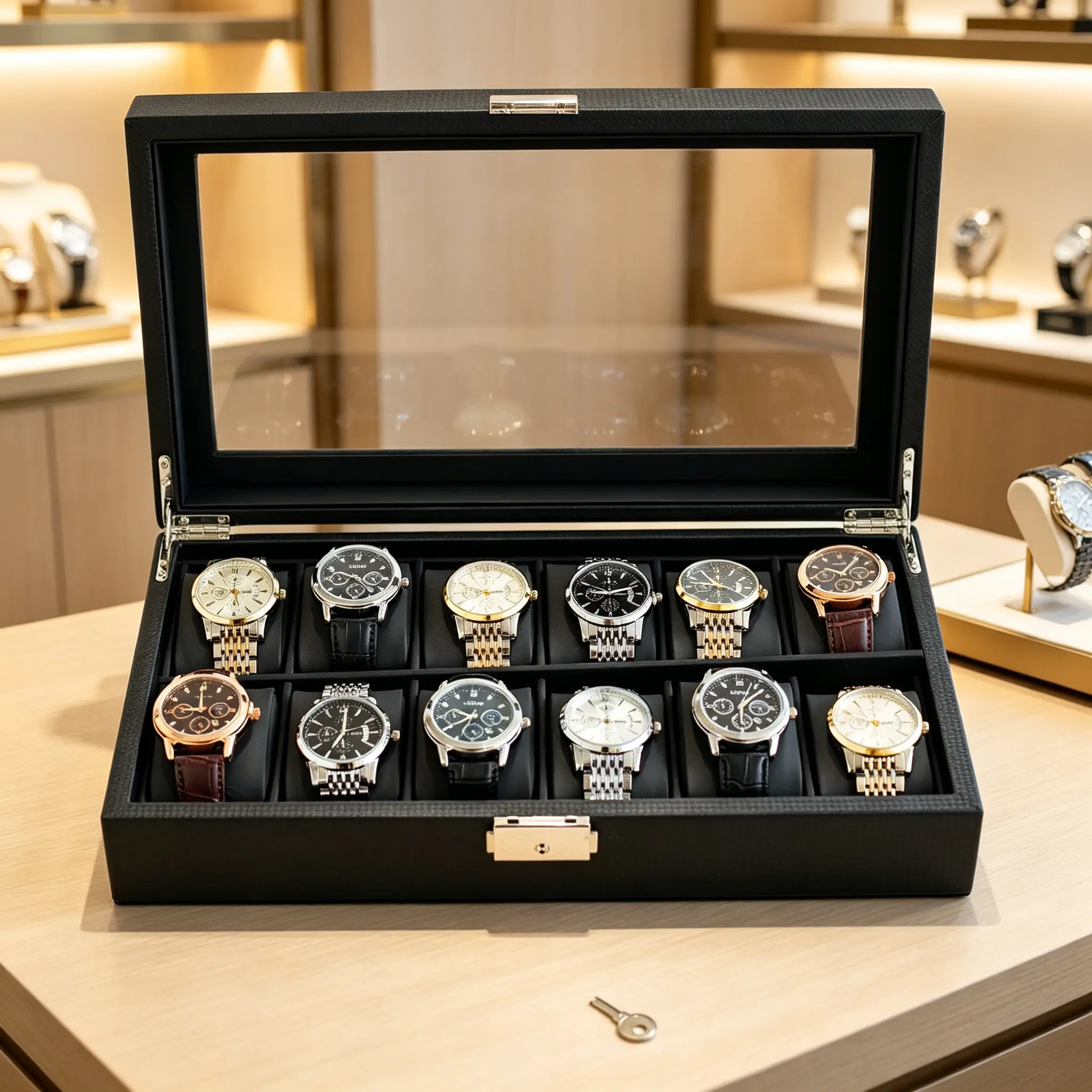 Luxury Watch Display Case for Men & Women Wear Resistant Corrosion Resistant Carbon Fiber Storage Box with Lock Small Space Organizer Black Watch Case Best Gift for Him,6/9/12/24 Slot Watch Box