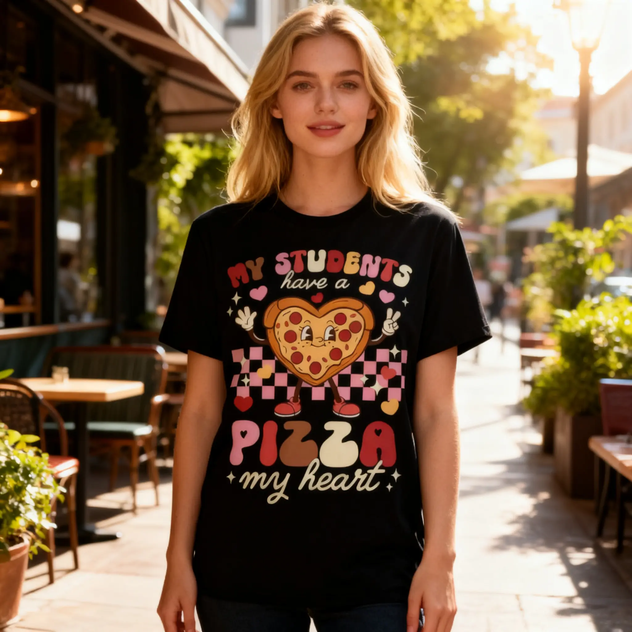 Teacher Pizza My Students Have A Pizza My Heart Retro Groovy Checkerboard Heart Pizza Lover Gift T-Shirt unisex street t-shirt summer casual wear workout classic fit