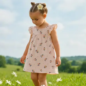 Organic Cotton Sleeveless Tiny Blooms Dress with Casual Frill Trim for Kids Easy Back Snaps Quick Changes