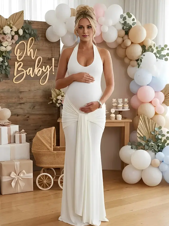 Women's Maternity Sleeveless U-Neck White Bodycon Maxi Dress - Ruched,  Backless, Strappy, Bow-Detailed Pregnancy Reveal Clothing, Baby Shower Dress  - TikTok Shop