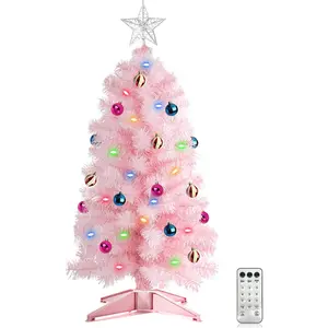 3 Ft Christmas Tree with Timer 50 Four Color LED Lights DIY 15 Ball Ornaments Star Artificial Xmas Tree Indoor Outdoor Home Holiday Decorations (Pink)