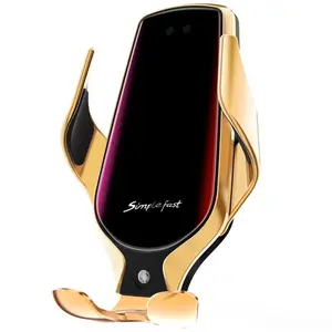 Simplefast Borz Auto-Clamping Air Vent Car Mount & Wireless Fast Charging Phone Holder Compatible with iPhone & Samsung Galaxy Models - Gold Finish