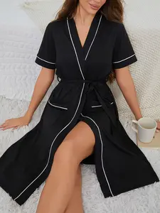 Women's Casual Plain Knit Silk Short Sleeve Sleepwear Set, Sexy Fitted Elegant Home Lounge Wear, Loungewear, Comfortable Pocket Design, Perfect for Daily Use