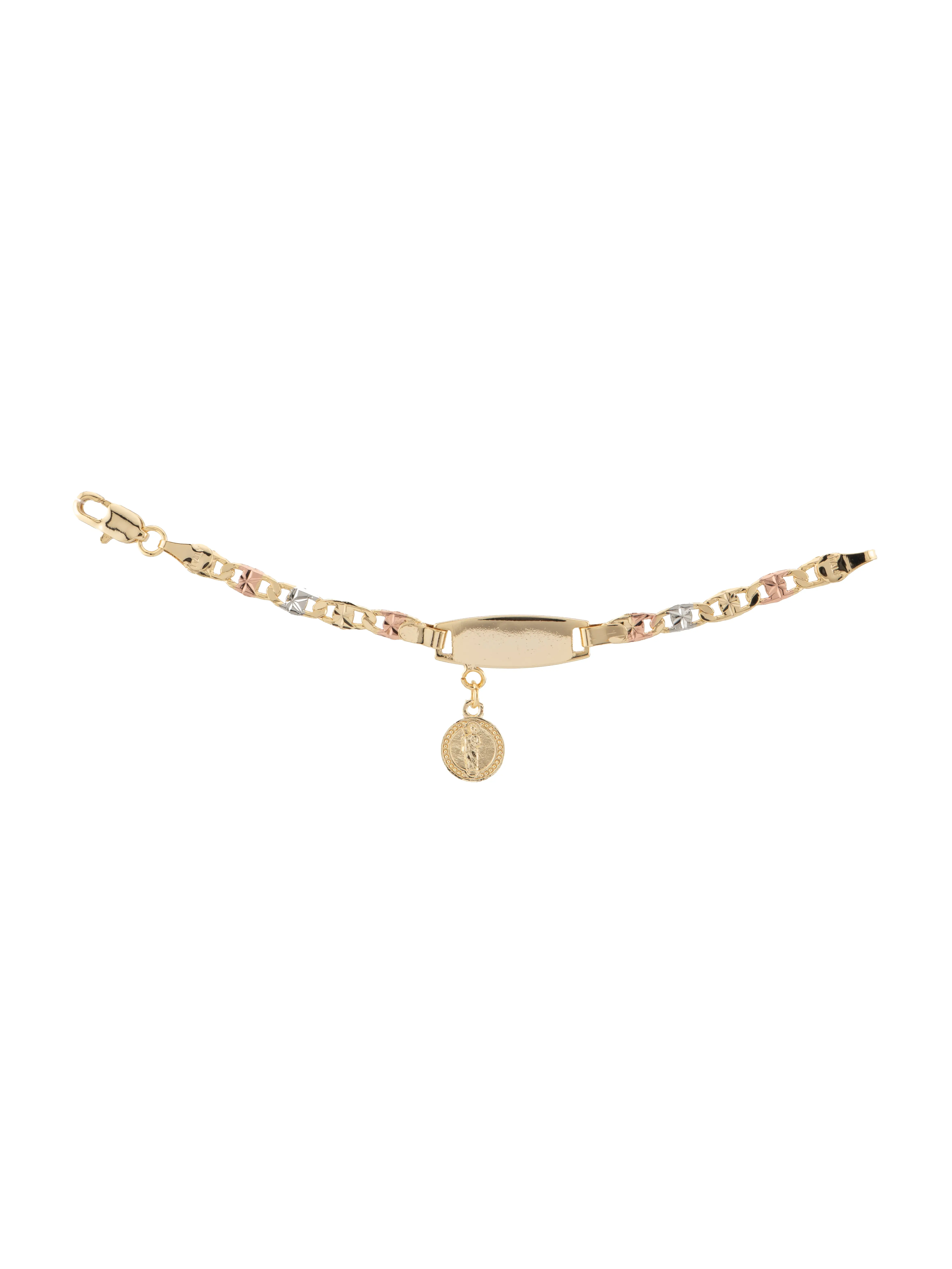 Baby bracelet with a St. Jude charm, suitable for babies under 1 year old. 4.5-inch ID style bracelet in three-tone gold-plated metal. Customizable with a name. Please leave the name in a note or message.