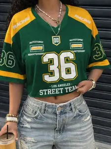 Y2K Los Angeles 36 Race Car Short Sleeve Tee, Colorblock Loose Fit V Neck, Blokecore Street Style Women's T-Shirt