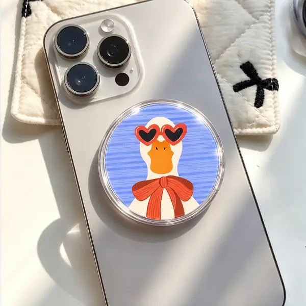 Chic Duck with Heart Sunglasses & Big Bow MagSafe Phone Grip, Quirky Animal & Blue Striped Background PopSocket, Aesthetic Trendy Phone Accessory
