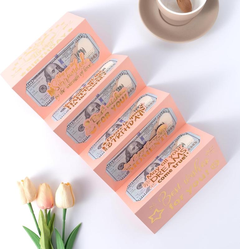 4Pcs Birthday Money Envelope for Cash Gifts, Surprise Cash Envelope for Wife Women Kids, Birthday Gift Card for Women Girls, Pink Rose Gold Money Holder