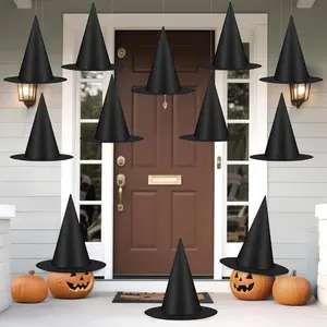 12 PCS Witch Hats, Thickened Hanging Witches Hat Halloween Decor, Black Wizard Hat with 164 FT Rope Witches Hats to Hang from Ceiling, Halloween Decorations Witch Costume Accessory
