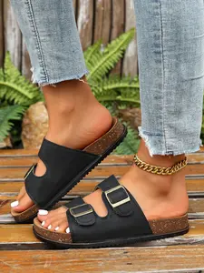 Women's Fashionable Adjustable Double Buckle Design Slides, Casual Comfortable Flat Sandals for Beach Summer, Non-slip Slides for Indoor & Outdoor Wear, Walking Shoes