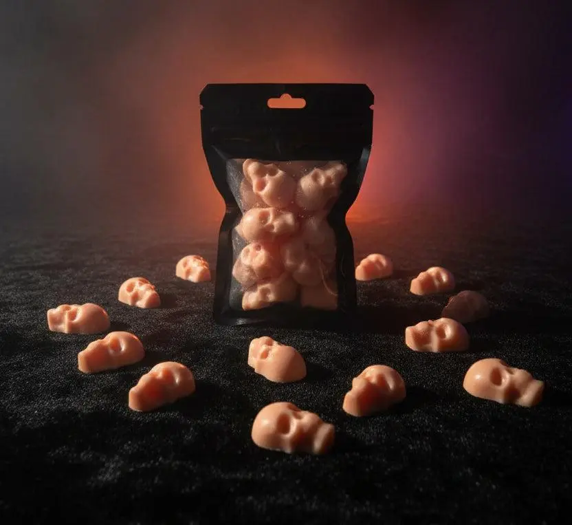 Spooky Scented Halloween Theme Mini Skull Wax Melts - Creamy Wax Tarts with Coconut, Sage, Lemon, Lavender, Woody Aroma, Witches Brew Pouch for Home Decoration & Supplies