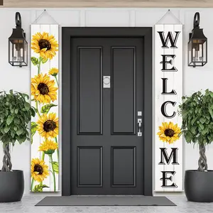 Sunflower Welcome Hanging Banner Spring Porch Banner Summer Front Garden Home Courtyard Sunflower Party Decoration (White Background) 180x30cm