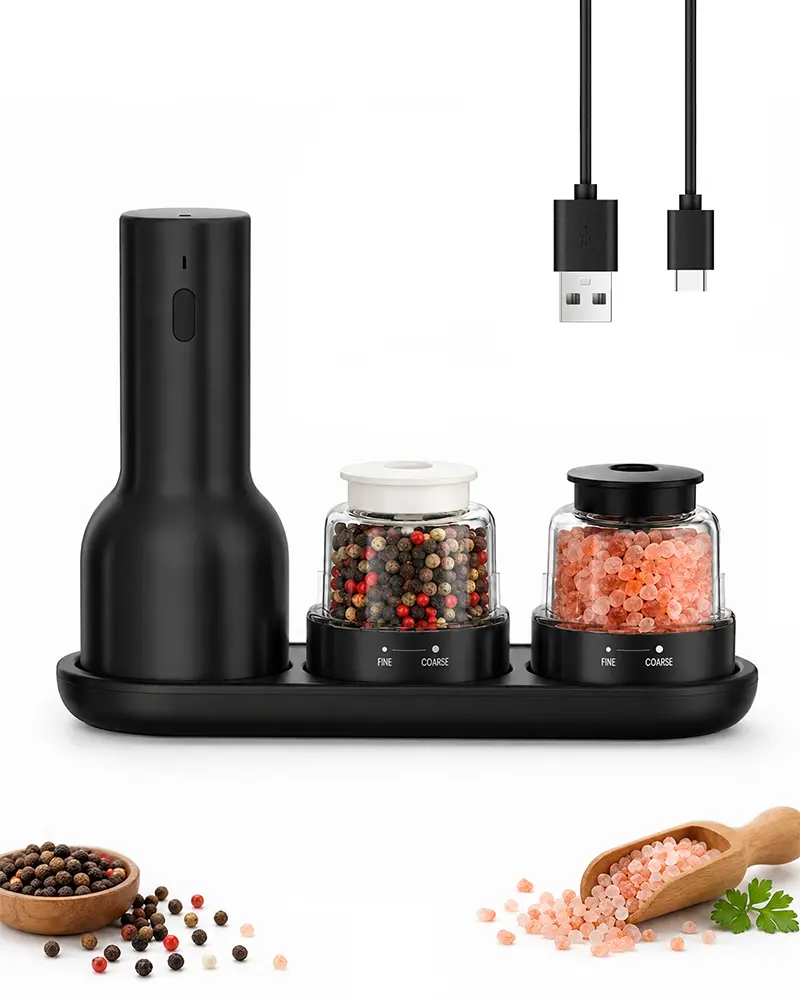 2-in-1 Electric Rechargeable Salt and Pepper Grinder, Dual-Chamber Automatic Seasoning Mill with Interchangeable Detachable Spice Containers