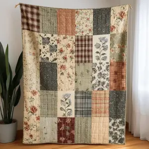 Vintage Patchwork Plaid Floral Flannel Quilt Blanket - Premium Flannel Beige All Season Machine Washable Rustic Farmhouse Bed Cover for Queen King Bedroom Sofa Living Room Office Travel Camping Mother's Day Valentine's Day Birthday Christmas Gift