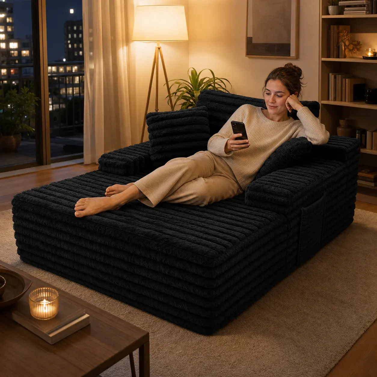 Ribbed Plush Corduroy Lazy Style Floor Sofa - 47.24in W x 66.93in D x 25.6in H Oversized No-Assembly Boneless Chaise Lounge, Soft Squishy Living Room Furniture with Storage Side Pocket & Pillows for Bedroom Movie Nights