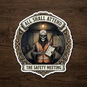All Shall Attend Safety Meeting Sticker | Funny Trades Sticker | Construction Gift | Toolbox Hard Hat | Part of 6 Sticker Set