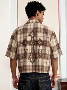 Men's Casual Gothic Plaid Shirt, American Retro Cross Print Flannel Top, Dark Style Oversized Open Front, Streetwear, Daily Wear, Versatile Look