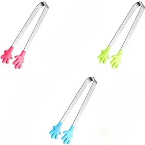 3PCS Mini Tong, Hand Shape Silicone Food Tongs,  Kid Tongs for Sugar Cubes, Serving Food, Perfect for Kids Utensils Plastic Stainless Steel
