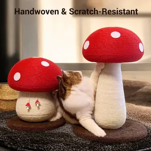 Happy & Polly Mushroom Sisal Cat Scratching Post , Handmade Natural Durable Sisal Rope, Red Interactive Cat Scratching Board for All Kinds of Cats