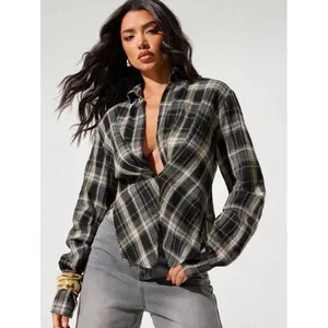 Women'sPlaidRuffleHemLongSleeveCasualSideSplitHemShirtBlousesButtonGreyFit