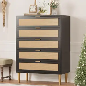 【Christmas Gift】Home Rattan 5 Drawer Dresser  44 inches Tall Narrow Chest of Drawer  Farmhouse Wooden Vertical Dresser with Metal Legs and Handles   Modern Cabinet for Bedroom/ Living Room -Black