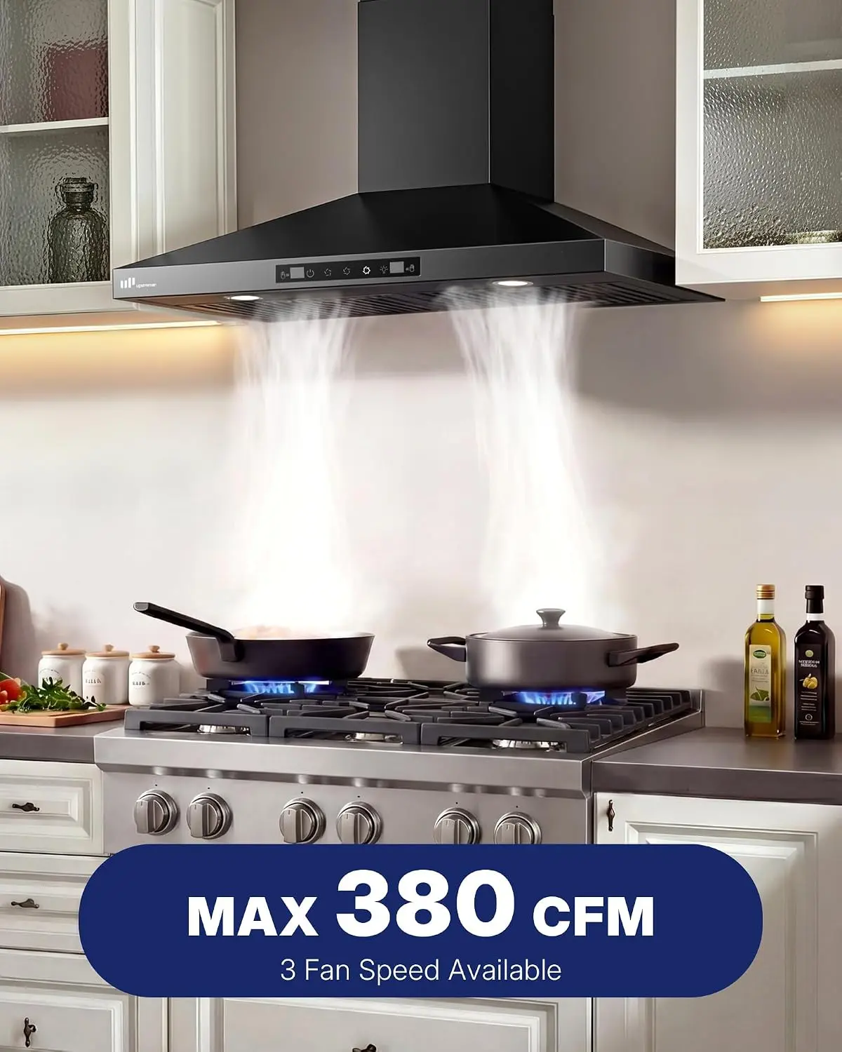 Upstreman 30-Inch Wall Mount Range Hood - 380 CFM (300 to 499 CFM Range), Gesture & Touch Control, 3-Speed Matte Black Vent Hood, 15-Min Auto Shut-Off, 5W Ultra-Bright LED Lights, Ducted/Ductless Convertible, Durable Design, Easy Maintenance, Model HC30