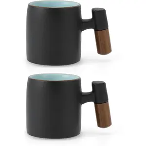 2.5oz Ceramic Espresso Cups with Wooden Handle, Porcelain Espresso Shot Cups Set of 2, Demitasse Cups for Coffee or Tea, Black