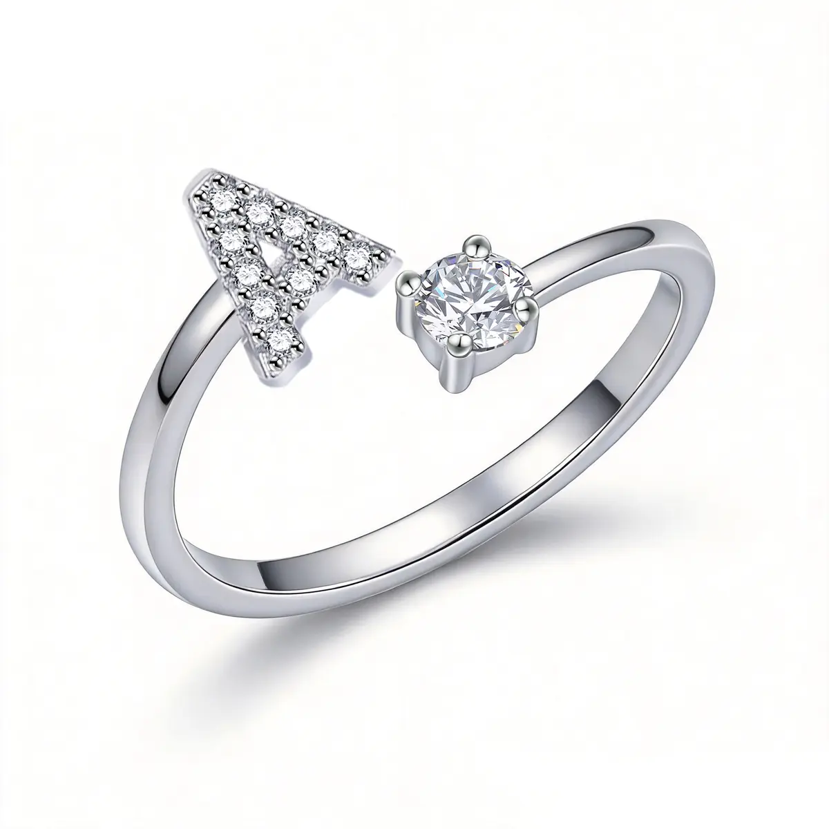 Women's 26-Letter Personalized Opening Cubic Zirconia Stackable Ring, Minimalist Costume Jewelry for Women, Adjustable Fit