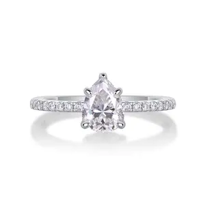 [TW] "Dusk" 1.25ct Pear Cut Solitaire Moissanite Ring Classic 4 Prong Hidden Halo Setting Solid S925 Sterling Silver alf Iced Out Band 18k Platinum Plated Ring VVS1 D Color Perfect Gift For Her Birthday Valentine Propose (R13089)