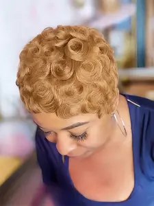 short brown burgundy  natural black color curly pixie wig With Bangs 150% Denisty pixie cut human hair wigs for women daily party cosplay use wig machine made