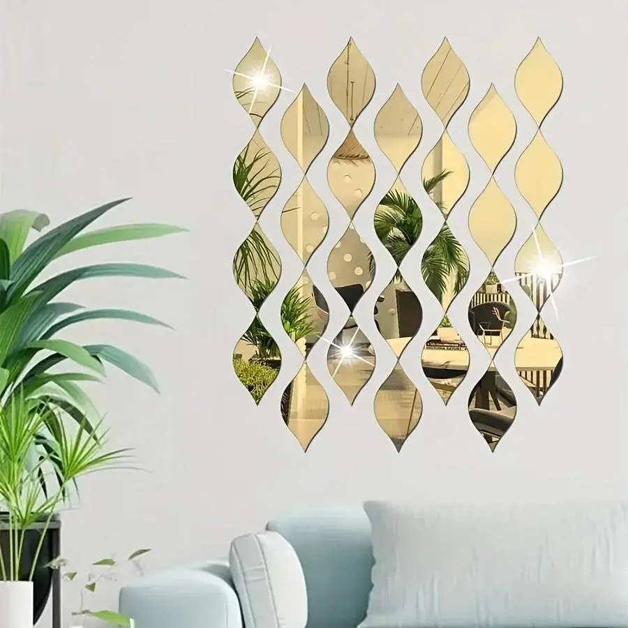 10pcs/set Bohemian Style PS Plastic Mirror Wall Stickers, Decorative Decal, Oval Leaf Droplet Design, Glossy Surface Treatment, Suitable for Living Room and Bathroom Decoration, Self Adhesive Stickers, Interior Stickers, Cute Trendy Bathroom Decor