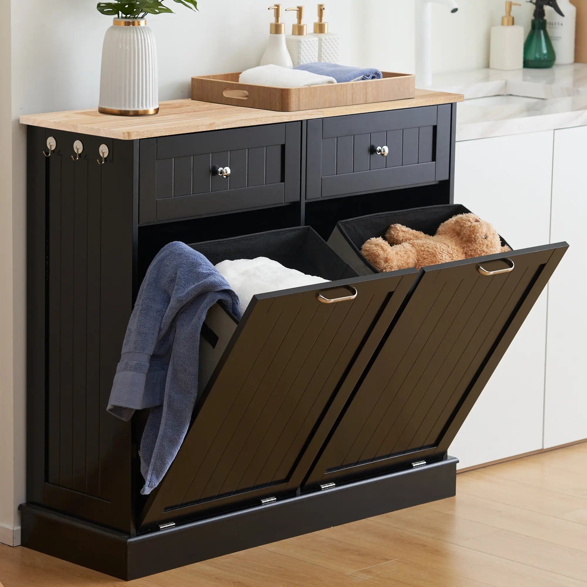 Dragosum Modern Freestanding Double Tilt-Out Trash Cabinet with Hideaway Drawer, 2×13 Gallon Pet Safe Recycling Bin Storage Cabinet for Kitchen & Laundry