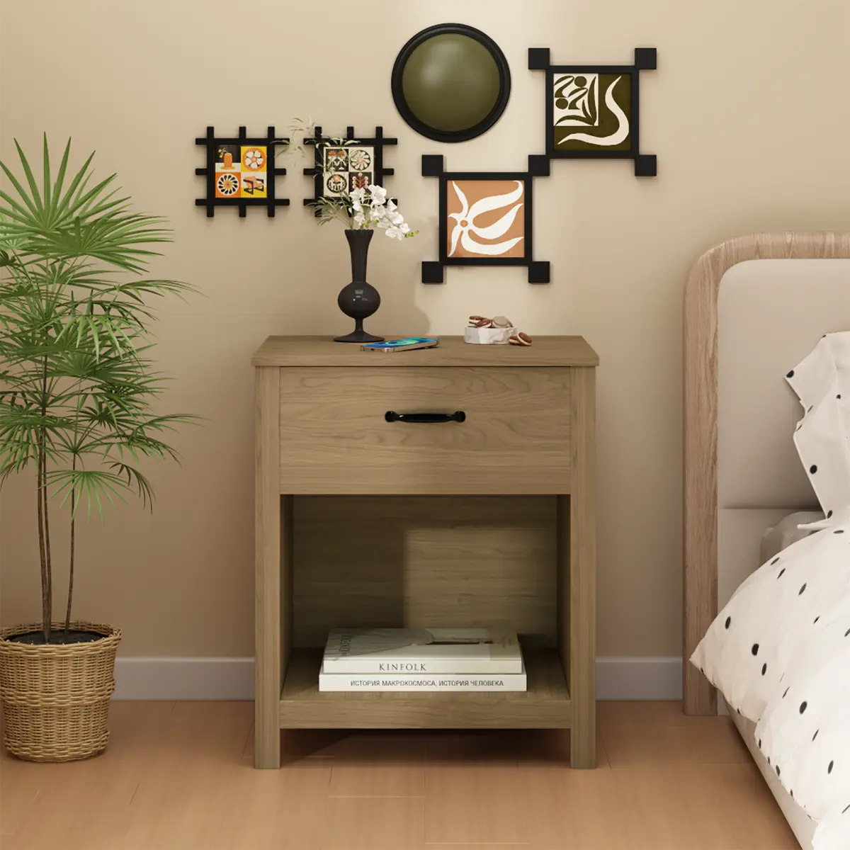 Wood Nightstand with Drawer and Open Shelf, Visible Storage Small Bedside Table in Natural Brown Finish. Japandi Style End Table for Bedroom, Living Room or Apartment. Solid Wood Look, Compact Size for Small Space,Entryway Accent Table.