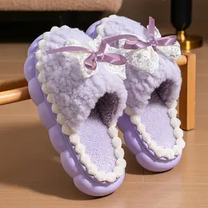 Women's Winter Indoor Home Thick-Soled Warm-Padded Plush Slippers with Decorative Bow & Lace - Cotton Material for Comfort and Style