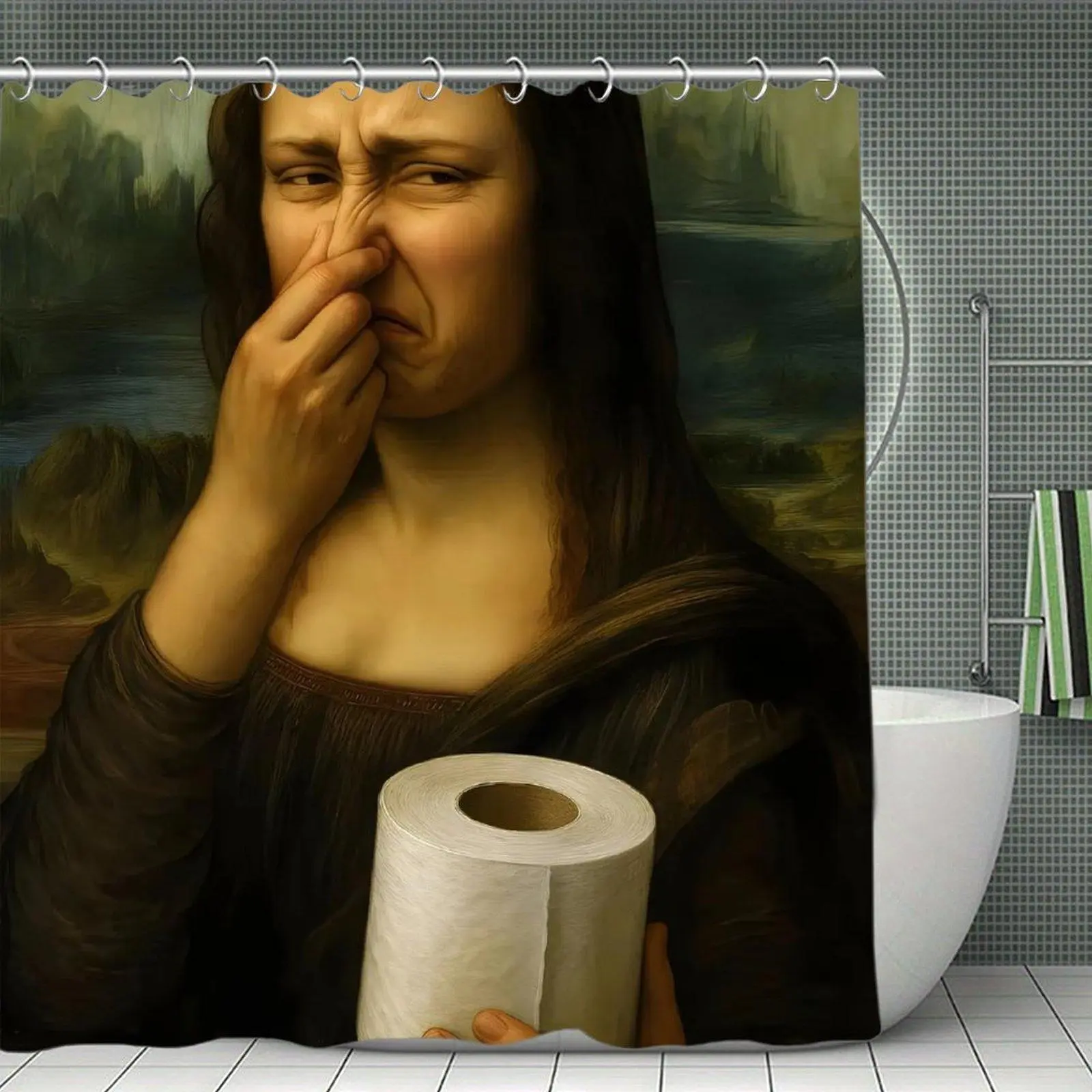 Humorous Mona Lisa Shower Curtain - Renaissance Woman Pinching Her Nose, Holding Toilet Paper, Decorative Bathroom Home Supply