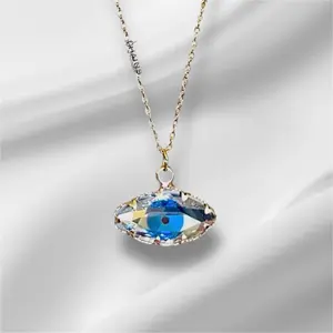 Evil eye crystal Necklace: Gold Plated Blue Eye Charm Shiny pendant, No Fade 16.5" Chain, Elegant Jewelry Gift Men Women