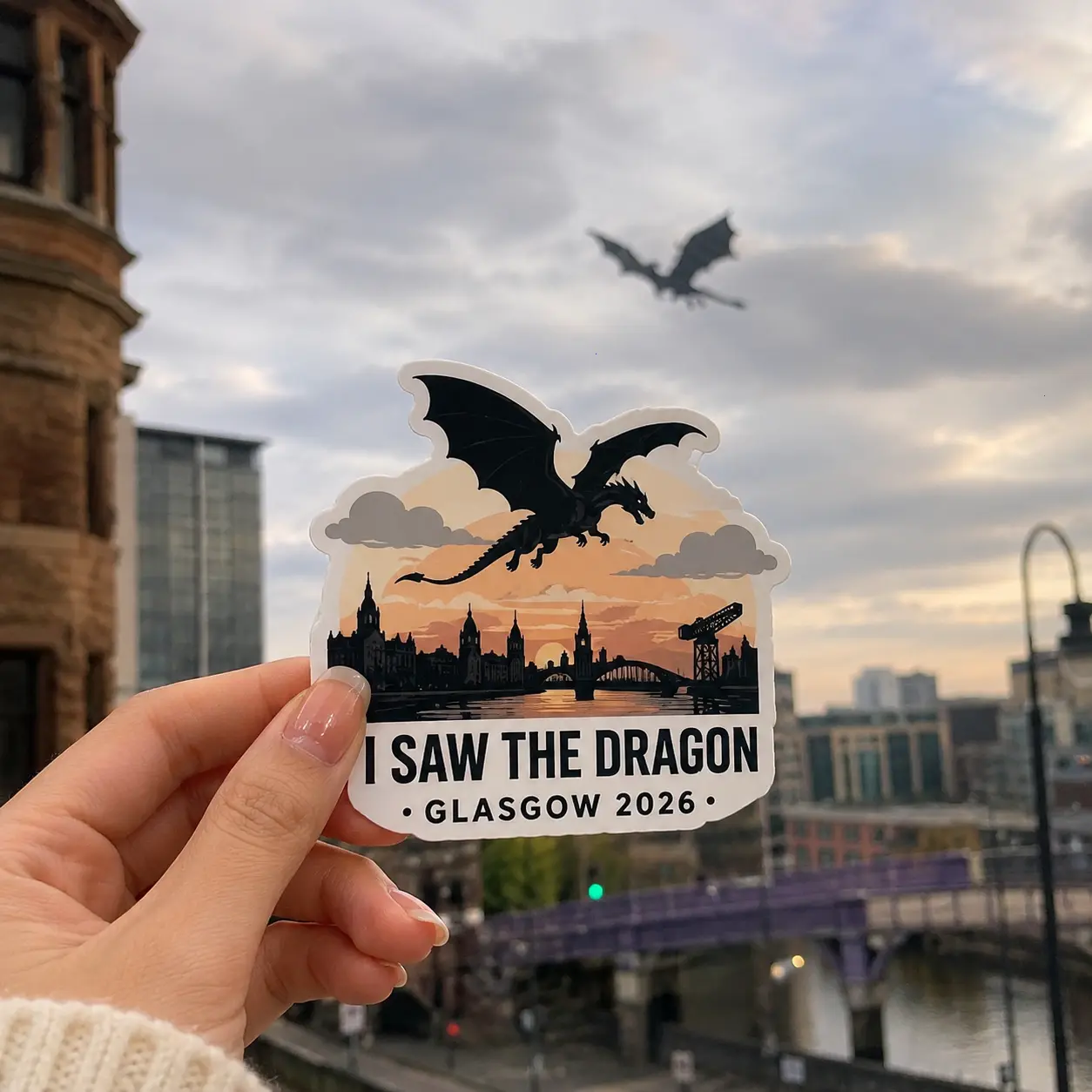 Dragon Flying Over Glasgow Sticker, I Saw The Dragon Vinyl Laptop Water Bottle Decal