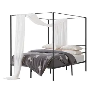 Queen Size Canopy Bed Frame With Metal Canopy And Four-Poster Design, Black Finish, Sturdy Steel Construction, Easy Assembly, Fits Standard Mattress, Modern Bedroom Furniture For Master Suite Or Guest Room, Black Canopy Bed