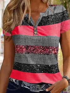 Women's Patchwork Print Tee, Casual Short Sleeve Fitted T-shirt for Daily Wear, Ladies Clothes for All Seasons, Top, Womenswear