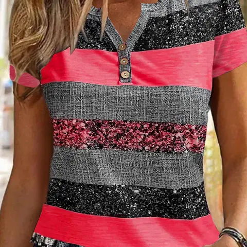 Women's Patchwork Print Tee, Casual Printed, Casual Short Sleeve Fitted T-shirt for Daily Wear, Ladies Clothes for All Seasons, Top, Casual Tops, Womenswear