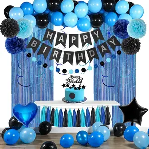Blue and Black Happy Birthday Party Decorations Kit for Boys, Men, Women. Includes Happy Birthday Banner, Fringe Curtain, Foil Balloons, Cake Topper for Birthday Decor