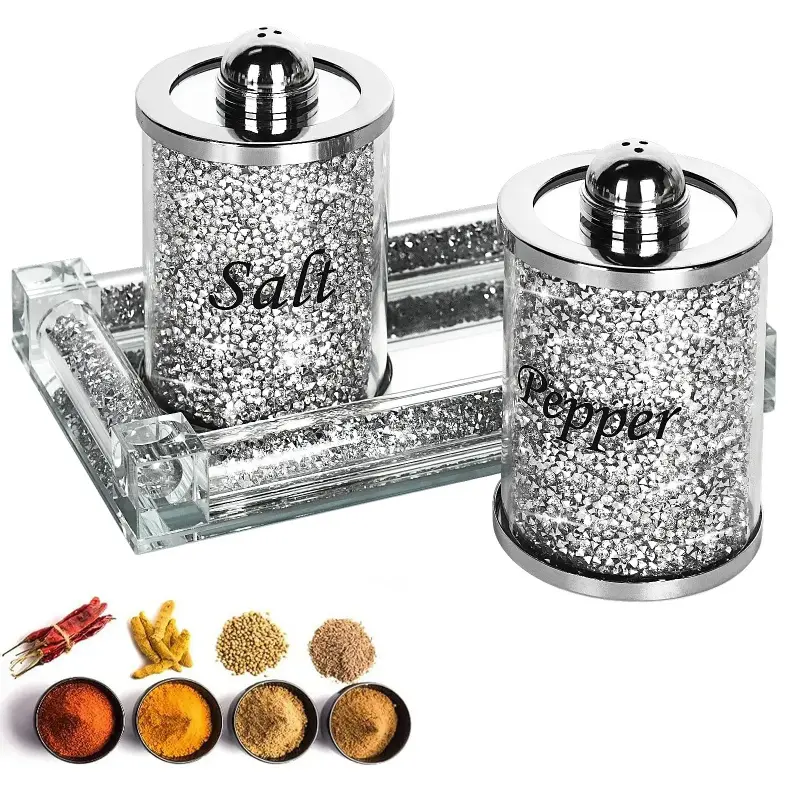 Classic Glass Crystal Salt and Pepper Shakers Set with Tray - Elegant Silver Korean-Style Seasoning Containers, Sparkly Crushed Diamond Home Decor for Kitchen Tabletop