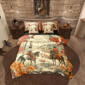 Cowboy 7 Piece Bedding Set,Western Comforter Set with Sheets Autumn Fall Floral Flowers Cactus Orange Grey Bed in A Bag Kids Adults Men Bed Sets