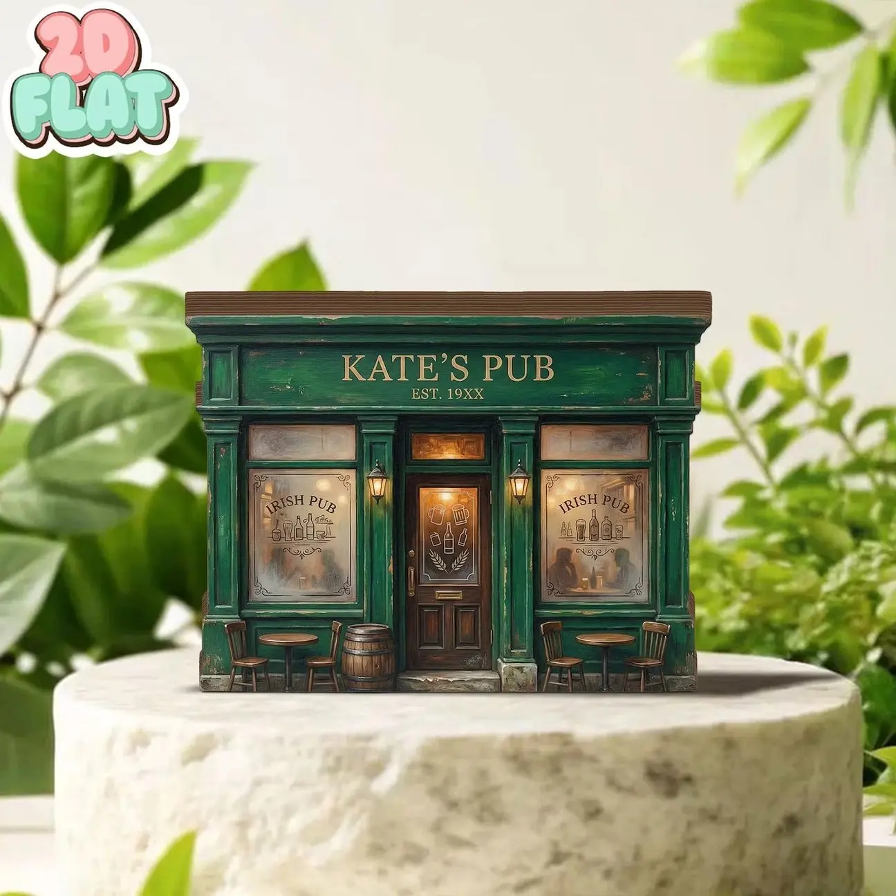 Personalized Irish Pub 2D FLAT Wooden Block Decor, Custom Pub Name Shelf Sign, Green Bar Book Nook Style, Irish Home Decor Gift
