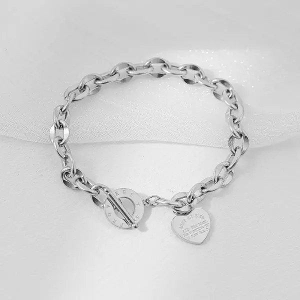 Stainless Steel Heart Charm Bracelet for Women, Engraved "Guard Your Heart" Link Chain Jewelry, Trendy Birthday and Anniversary Gift, Heart Shaped Bracelet, Engraved Stainless Steel Bracelets & Bangles