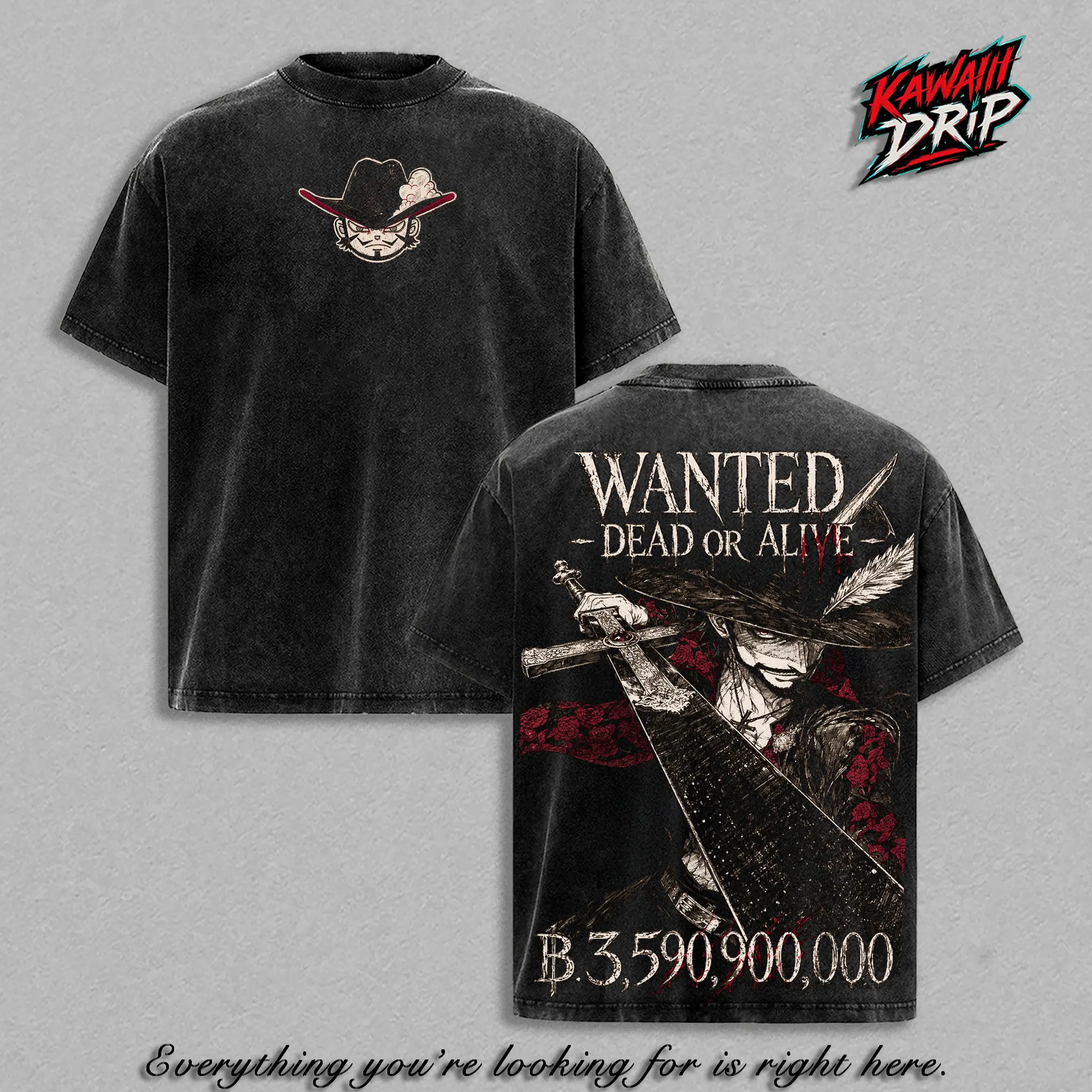 Dracule Mihawk One Pieceee Vintage Washed Graphic T Shirt, Hawk Oversized Heavyweight 260 GSM Cotton Tee, Anime Manga Streetwear Shirt, Soft Breathable Casual Wear, Gift for OP Fans Men Women