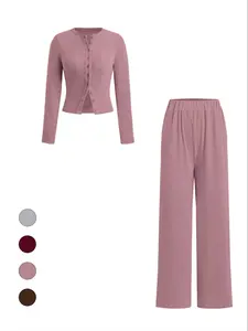 Women's Casual Long Sleeve Button Front Cardigan Set, Plain Fitted H-Type Jacket & Straight Leg Pants, Fall Winter Fashion
