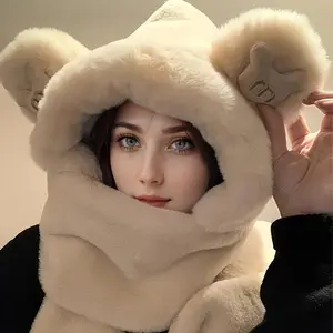 Women's Winter Warm 3-Piece Set - Faux Rabbit Fur Hat Scarf Gloves, Cute Bear Sequin Elastic Accessories