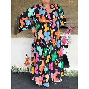 Womens Boho Floral Maxi Dress V Neck Button Front Loose Fit Ruffle Sleeve Flowing Long Dress Casual Holiday Vacation Outfit