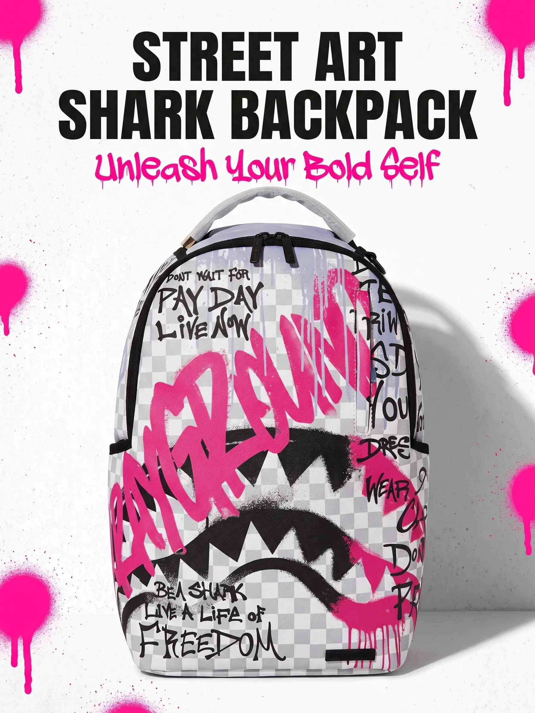 SG Graffiti Text Shark-Mouth Gym Backpack - Grey White Checkered Drip Art Design, Trendy Urban Street Style, Large Capacity for Daily Commute & Weekend Travel