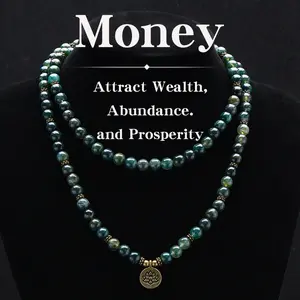 8mm Green Moss Agate Gemstone Healing Crystal Stone 108 Mala Beads Money Attraction Necklace Long Beaded Wrap Bracelets Genuine Gemstone Mala Prayer Beads Lotus Buddha Charm Yoga Meditation Necklace Ideal Gift Jewelry , Lotus Pendant, Long Chain